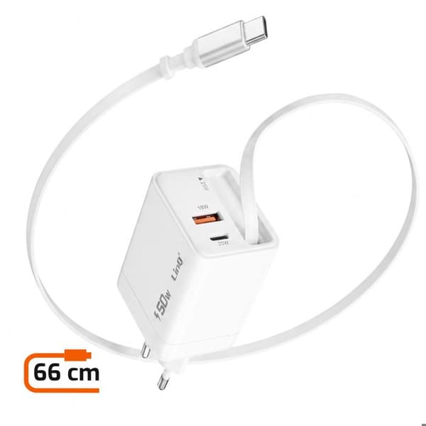 50W vægoplader PPS med retractable kabel / USB-C / USB-A LinQ hvid Vit