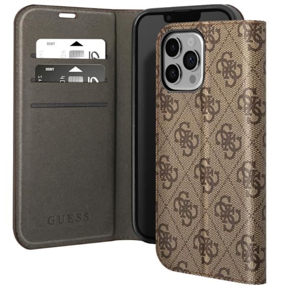 Luksus etui til iPhone 14 Pro Elegant Design Kortholder 4G Guess Pattern Brown kastanj