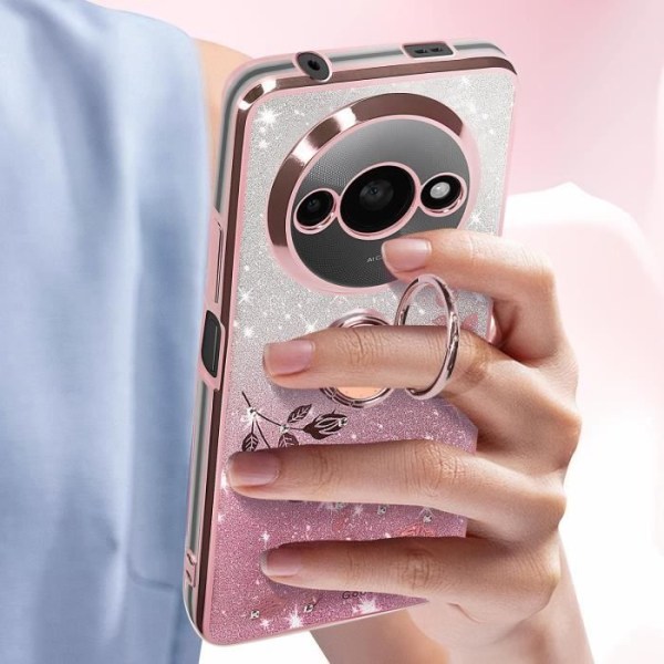 Glitter Flowers Case til Xiaomi Redmi A3 Silikone Ring Support Pink Champagne Rosa