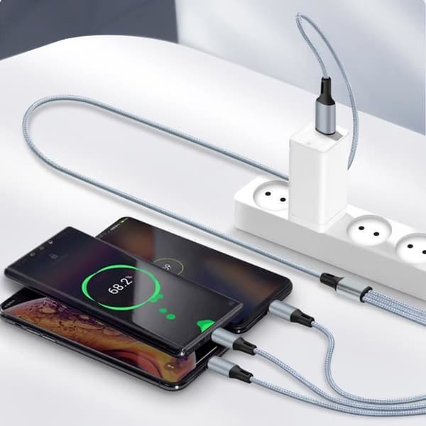 USB 3 i 1 Kabel - AVIZAR - 2m - Hurtig Opladning - Flextil Nylon - Grå Grå