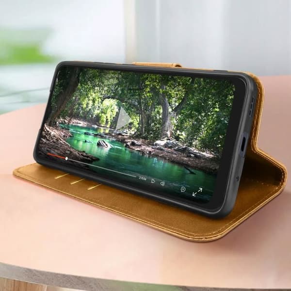Fodral för Motorola Moto E13 plånbok och videoställ Gul handledsrem Gul