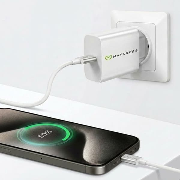 Laddare för iPhone 15 Pro Max 20W + USB-C-kabel 1m Mayaxess Vit Vit