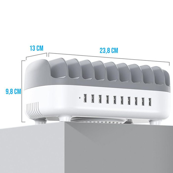 120W Latausasema 10 USB-porttia Hiljainen Tuuletin EU-johto Valkoinen