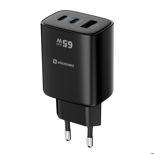 Lader 2 USB-C 65W Power Delivery og USB-A Quick Charge 3.0 18W Swissten Sort Svart
