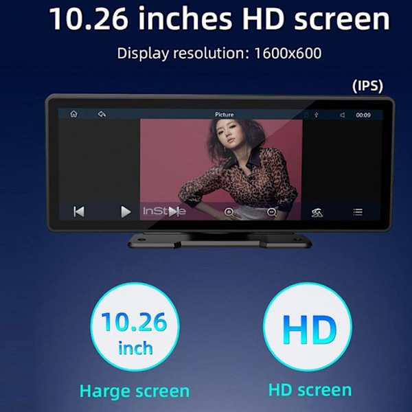 10,26" Trådløs HD Touch CarPlay Skærm med GPS / Android Auto / MP5 Afspiller Sort