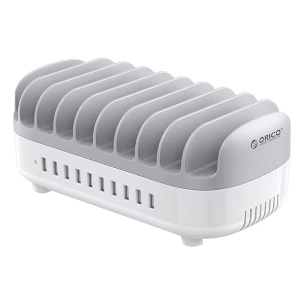 120W Latausasema 10 USB-porttia Hiljainen Tuuletin EU-johto Valkoinen