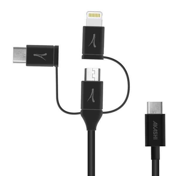 USB till USB-C, Lightning, Micro-USB Laddningssynkroniseringskabel 1m Akashi Svart