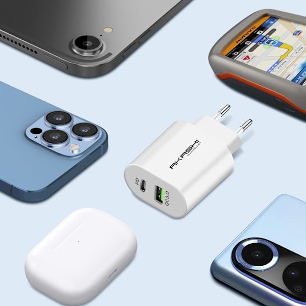 Lader til stikkontakt 15W Dobbelt USB-A QC 3.0 + USB-C PD Hurtigopladning Akashi hvid Vit