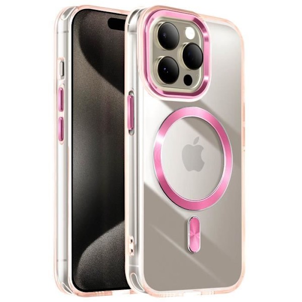 MagSafe-kuori iPhone 15 Pro: Kirkas lasinen takakansi, vaaleanpunainen shamppanja Rosa