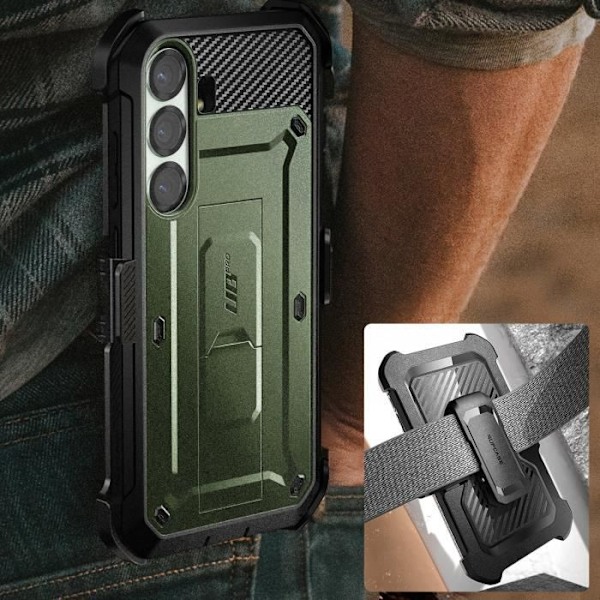 Heltäckande skal för Samsung Galaxy S25 Plus, stöttåligt, med ställ, Supcase, mörkgrön Grön