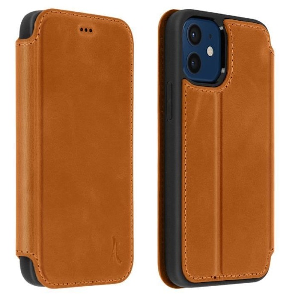 iPhone 12 Mini etui i ægte læder med kortholder og videostøttefunktion - AKASHI - Brun kastanj