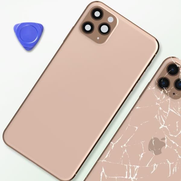 iPhone 11 Pro Max-chassi med pulverrosa ersättningsglas på baksidan Gul