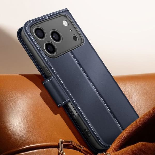 Plånboksfodral - AVIZAR - iPhone 17 Pro - Premiumläder - Ställfunktion - Mörkblå Blå