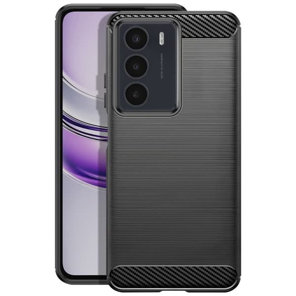 Coque - Realme - 14x og C75 - Silikone - Børstet Kulfiber Design - Sort Svart