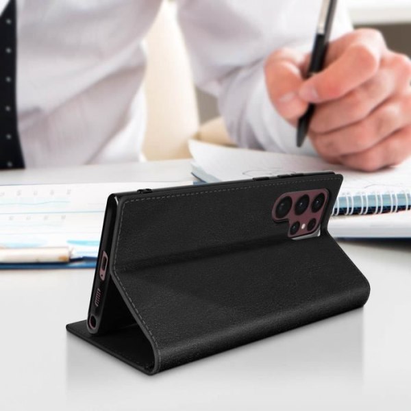 Galaxy S22 Ultra Folio Case Ægte læder kortholder Video Support - Sort svart