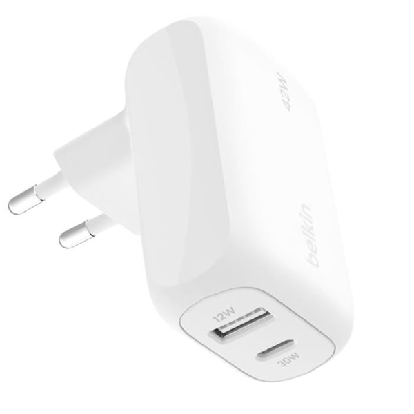 Usb-C strømadapter med Power Delivery 30W + USB 12W Kompakt Belkin Hvid Vit