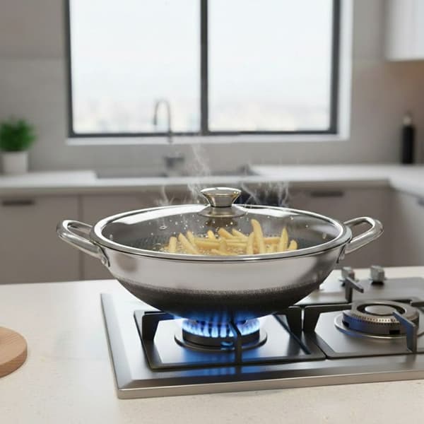 Wok 32cm - CHEFFINGER - Inox - Honungscomb- Beläggning - Glaslock - Repfria Grå