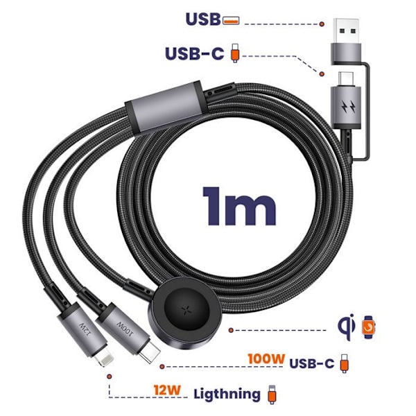 Cabel 5-i-1 100W USB-C, iPhone Lightning och Apple Watch Längd 1m wiwu Svart