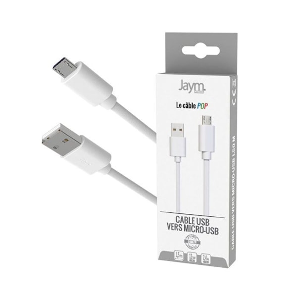 Micro-USB kaapeli USB-A 2,4A lataus ja synkronointi POP-kokoelma 1,5m Jaym Valkoinen Vit