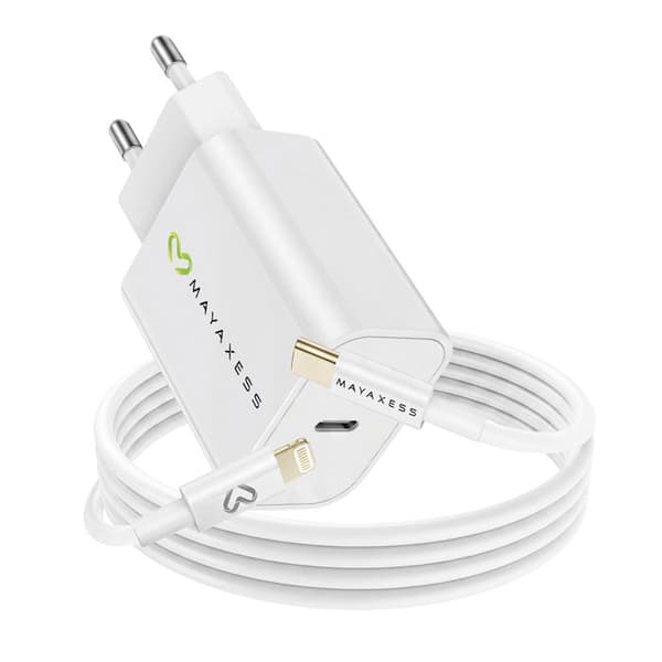 Laddare för iPhone 13 Pro 18W + Lightning-kabel 1m Mayaxess Vit Vit