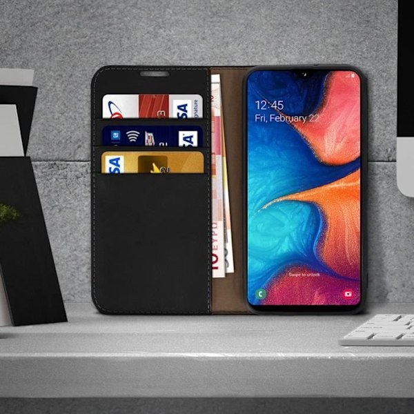 Foliofodral - AVIZAR - Galaxy A20e - Äkta Läder - Videostöd - Kortfack Svart Svart