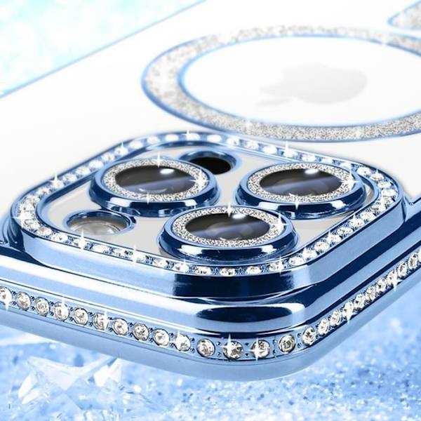Timanttikotelo iPhone 16 Prolle MagSafe Protection Rhinestone Contour Vaaleansininen Blå