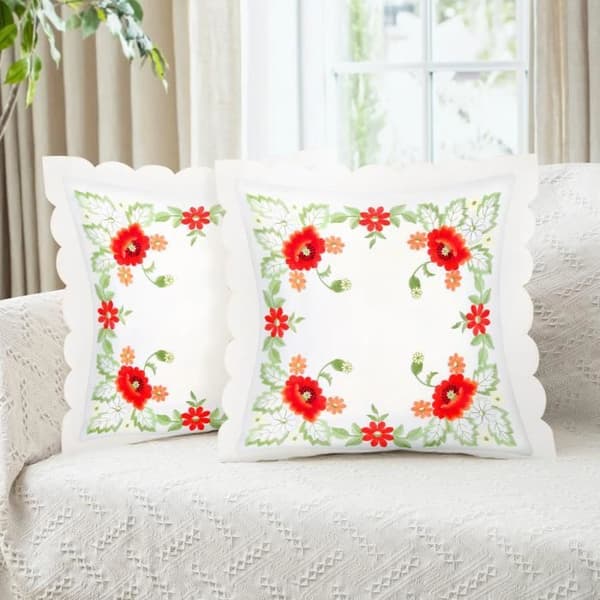 Pudebetræk - AVIZAR - Sæt med 2 - 40x40 cm - Broderede - Blomsterbillede Vit