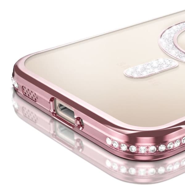 Diamantetui til Galaxy S26 med magnetisk ring og rosa strasskant Ros