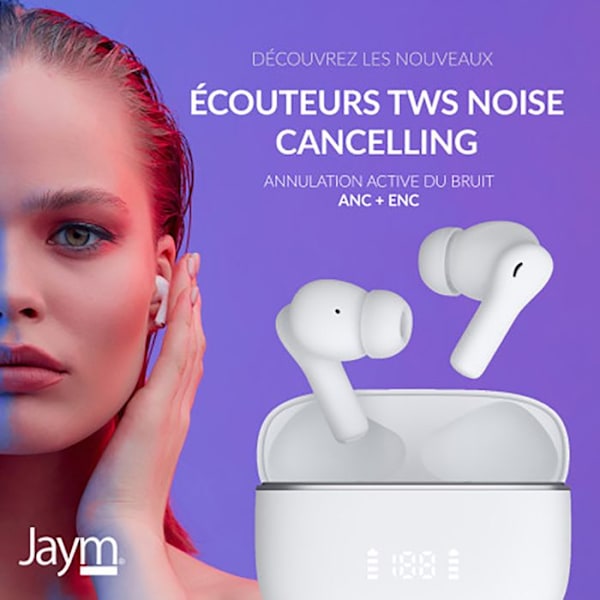 Trådlösa TWS-hörlurar Bluetooth 5.3 ANC ENC Digital visning Immersiv ljud Jaym Vit Vit