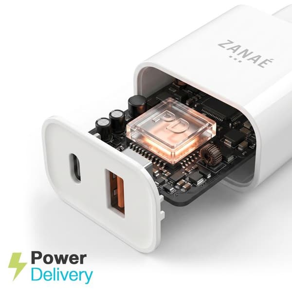 USB-C og USB-A 20W oplader til smartphone og tablet Hurtig opladning Zanaé Hvid Vit