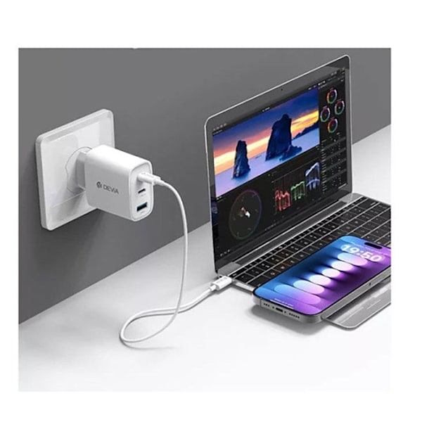 Nopea GaN USB:n ja USB-C:n 65W laturi PD:llä ja PPS:llä Devia Valkoinen Vit