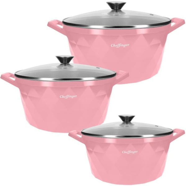 Marmiter - Cheffinger - Diamant Motiv - 20/24/28 cm - Ergonomiske Håndtag - Hætter i Tempereret Glas Transparent