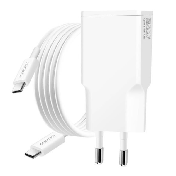 20W GaN USB-C nätladdare Kompakt format + 60W USB-C-kabel 4smarts Vit