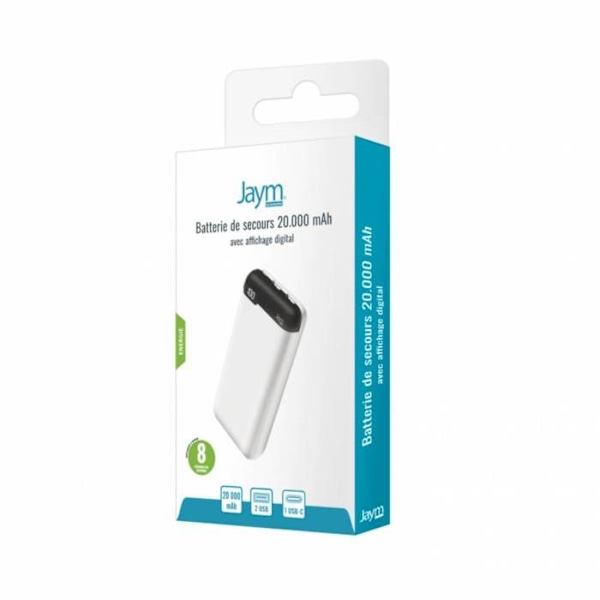 Nödladdare 20 000 mAh 2 USB-A / 1 USB-C med Digital Skärm Jaym Vit Vit