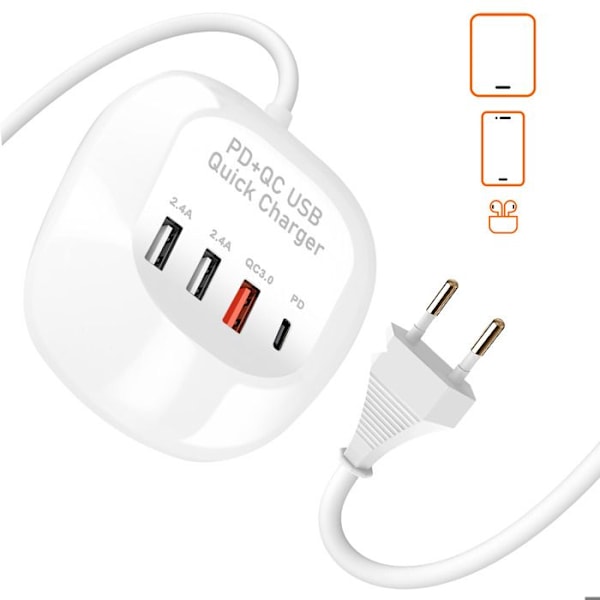 Mini Laddstation Multiport 3 USB + USB-C Kompakt Kabel 1m LinQ Vit Vit