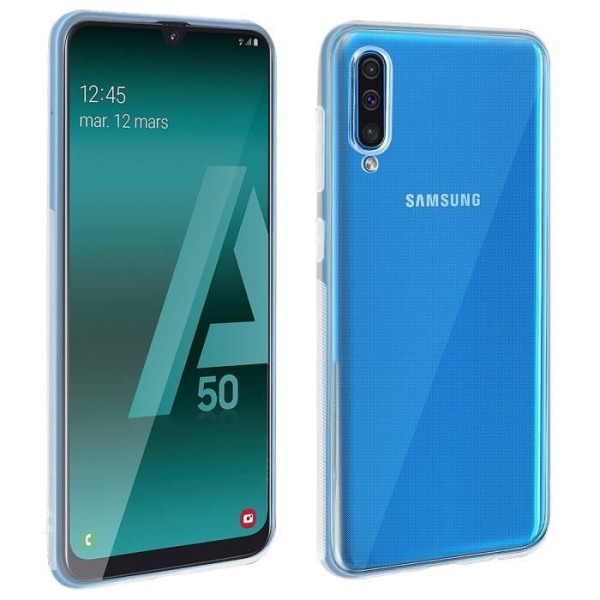 Galaxy A50 -kotelo läpinäkyvä silikoni ja karkaistu lasi näyttökalvo, musta ääriviiva