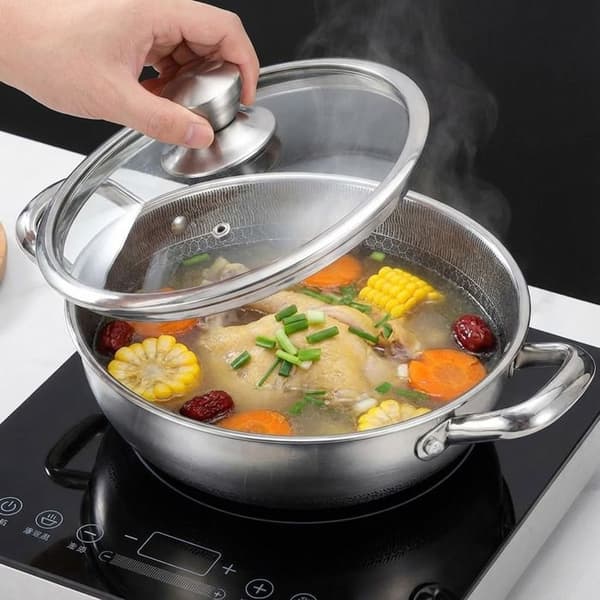 Wok 32cm - CHEFFINGER - Inox - Honungscomb- Beläggning - Glaslock - Repfria Grå