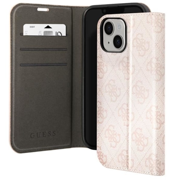 Luksus etui til iPhone 14 Flip Card Holder Elegant Design 4G Guess Pattern Pink Rosa