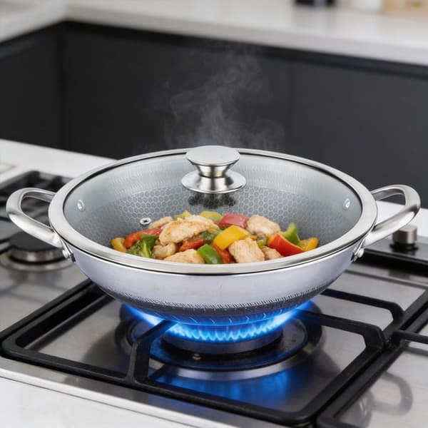 Wok 40cm - CHEFFINGER - Biereum - Inox 18/10 - Lock av Härdat Glas - Repfria Grå