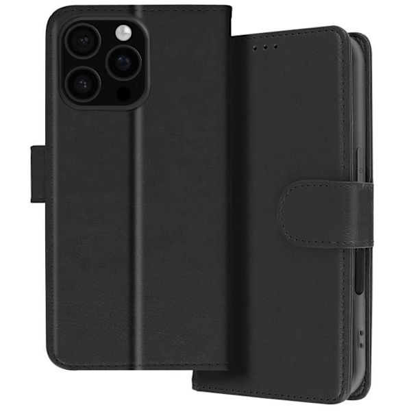 iPhone 16 Pro Max-fodral - AVIZAR - Plånboksflip - Videostöd - Svart veganskt läder - Semihårt Svart