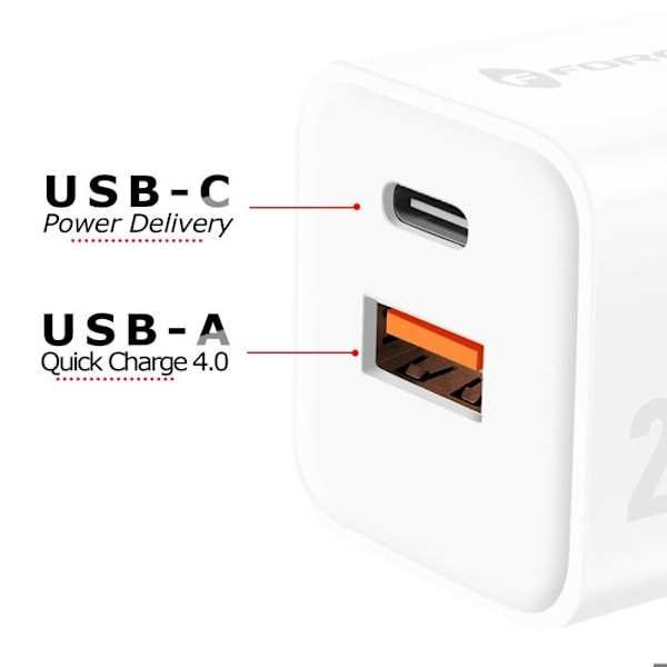 GaN III 20W Strømadapter med USB-C + USB Mini Format Forcell Hvid Vit