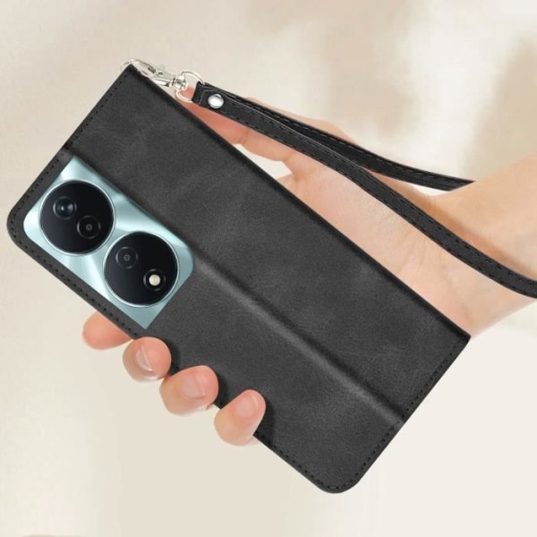 Taske til Honor 90 Smart Flip Wallet Support Håndledsrem Sort Svart