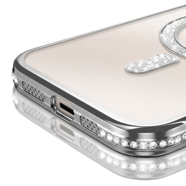 iPhone 15 Plus Cover Kompatibel med MagSafe med Sølv Rhinestone Kant Grå