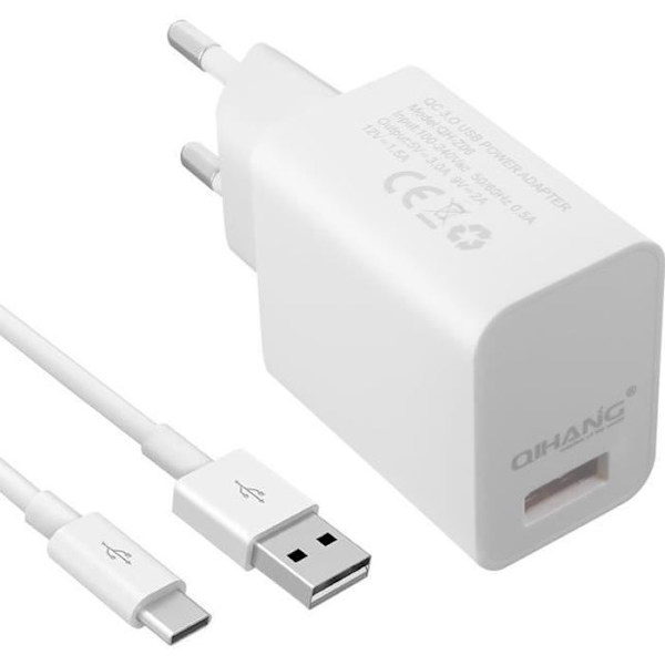USB väggladdare - Qualcomm - Quick Charge 3.0 - 3A - USB Type C-kabel 1m - Vit Vit