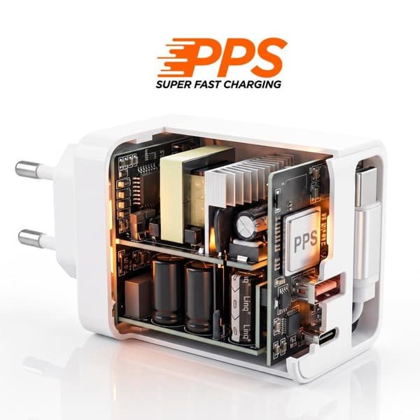 50W vægoplader PPS med retractable kabel / USB-C / USB-A LinQ hvid Vit