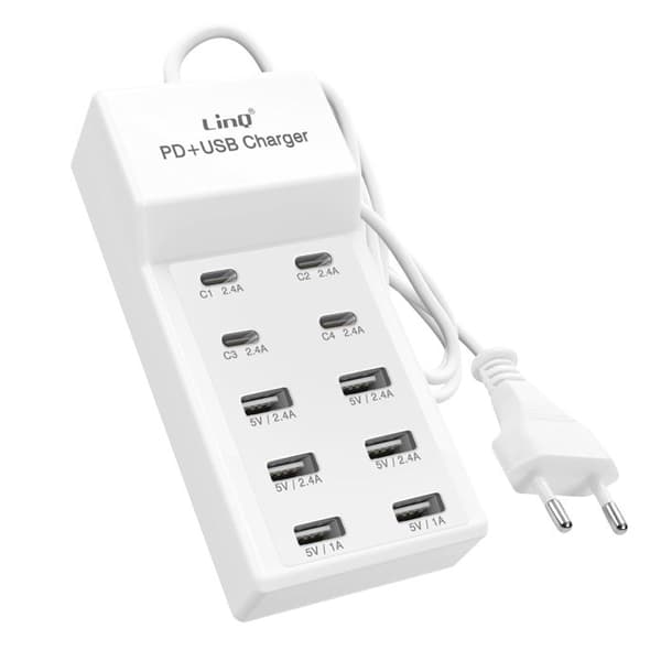 Multiport Oplader - LINQ - 4 USB-C + 6 USB - 50W - 1m Kabel - Kompakt Hvid