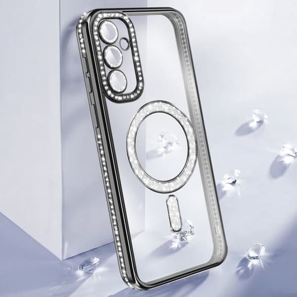 Diamantetui til Galaxy S26 med magnetisk ring og sort strasskant Svart