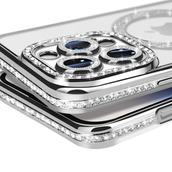 Coque Diamant for iPhone 14 Pro MagSafe Kontuuri Strass Hopea Grå