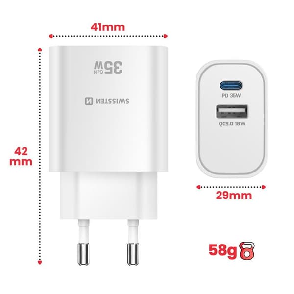 USB-C oplader 35W Power Delivery og USB-A Quick Charge 3.0 18W Swissten Hvid Vit