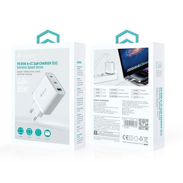 Lader Sektor Hurtig GaN USB og USB-C 65W med PD og PPS Devia Hvid Vit